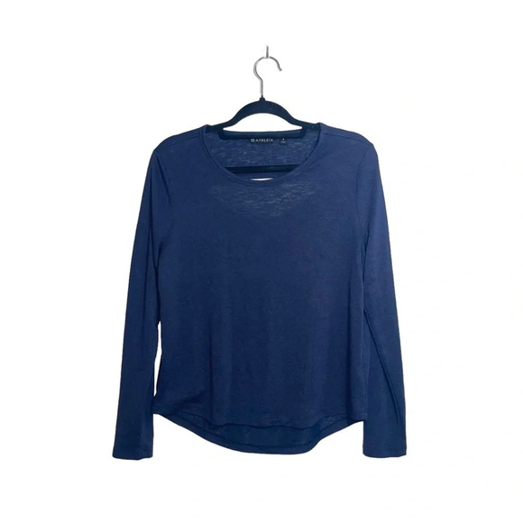 Athleta Breezy Navy Blue Cutout Back Semi-sheer Long Sleeve Top Small Women’s - Picture 2 of 12